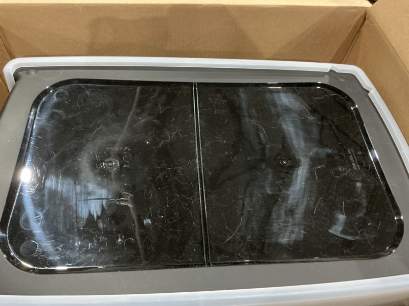 Condition photo showing As Is for iris usa cat litter box xx-large open top with high sided walls tall scatter shield scoop included easy clean plastic pan for big cats kittens multi-cat households 30"l x 20"w x 14"h black xxl black