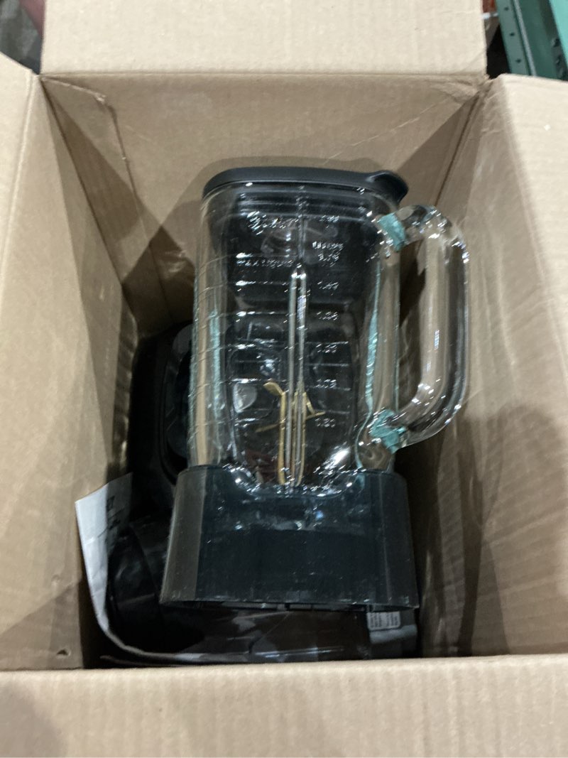 Condition photo showing As Is for oster extreme mix blender, 64oz glass jar, 3 iblend preset functions, 1600-watts, 10-point blade stack with titanium coating & 24oz blend-n-go cup 1600 watts glass jar w/ cup