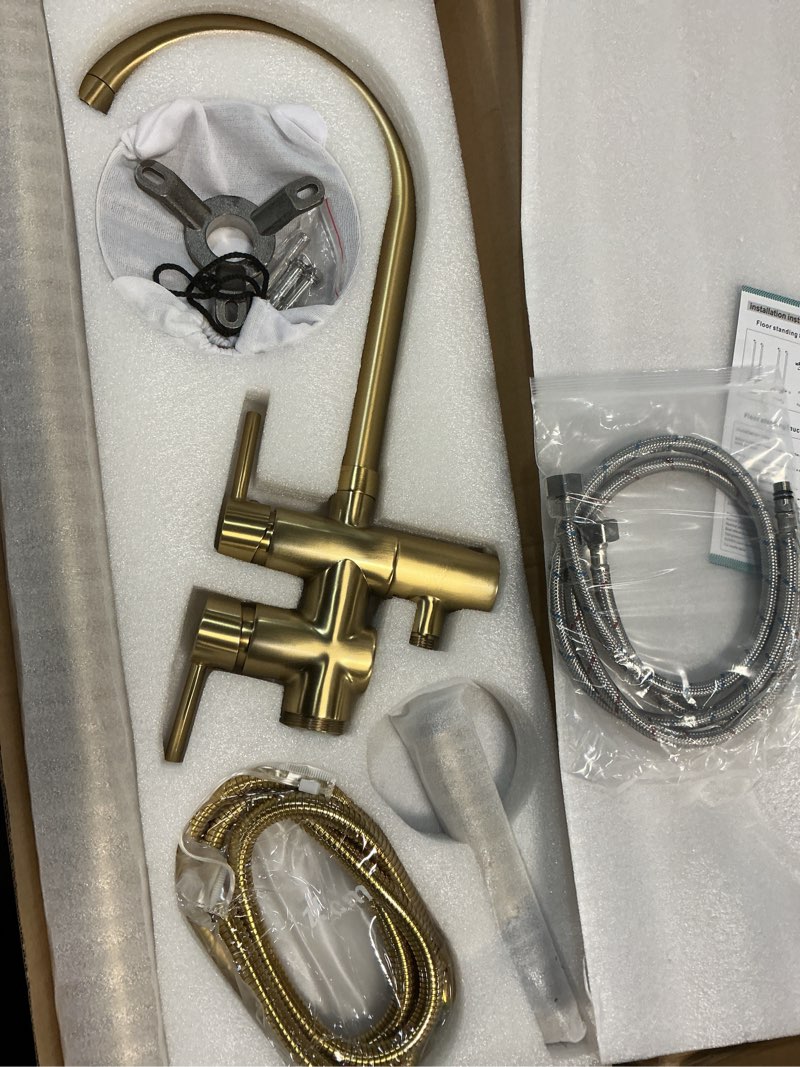 Condition photo showing New/Like New for YAGATAP Freestanding Bathtub Faucet Floor Mount Tub Filler Brushed Gold High Flow Shower Faucets with Handheld Shower Mixer Taps Swivel Spout Brushed Gold High Arc