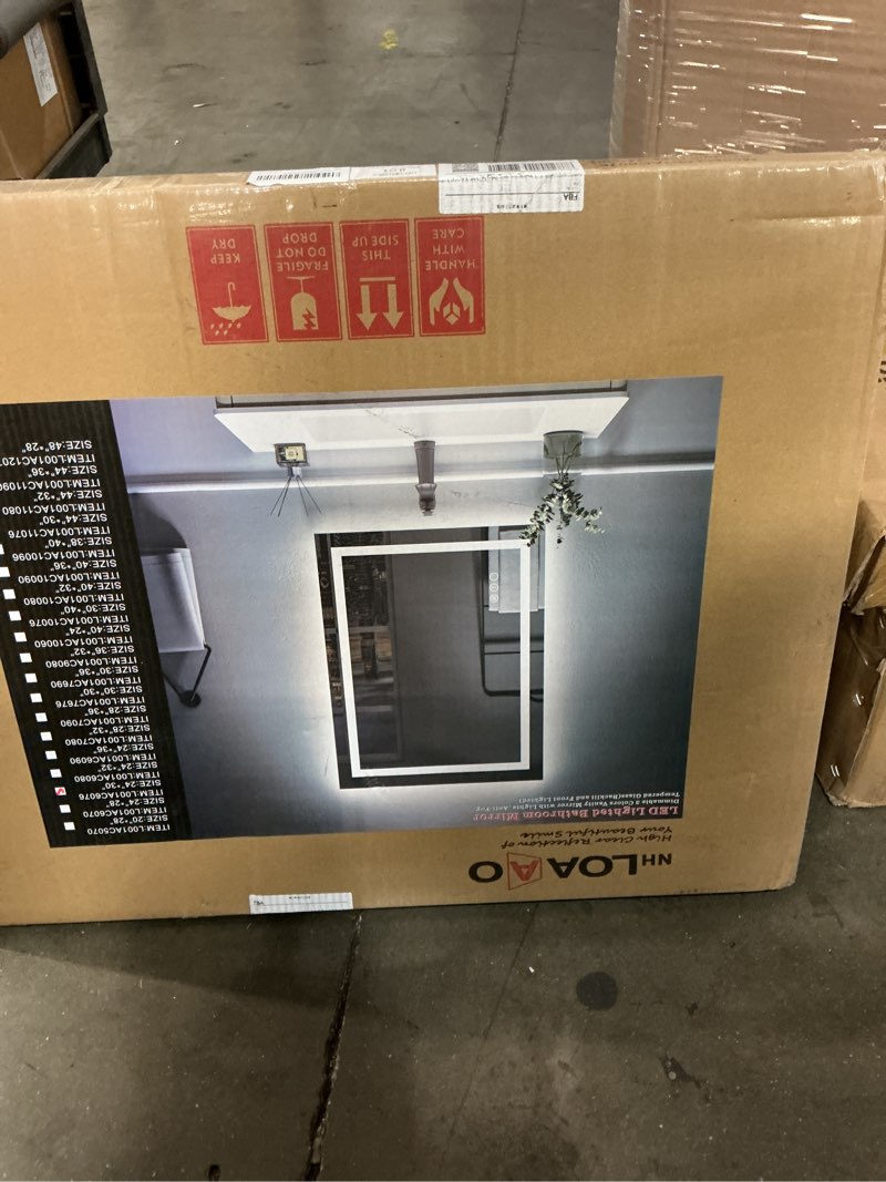 Condition photo showing New/Like New for loaao 24"x30" led bathroom mirror with lights, anti-fog, dimmable, backlit + front lit, lighted bathroom vanity mirror for wall, memory function, tempered glass, etl listed led 24"l x 30"w