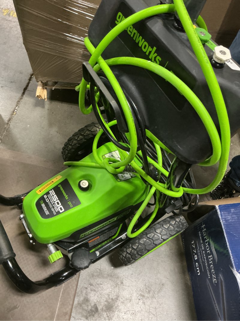 Condition photo showing As Is for greenworks 2500-psi 2-gpm cold water electric pressure washer with 5 spray tips