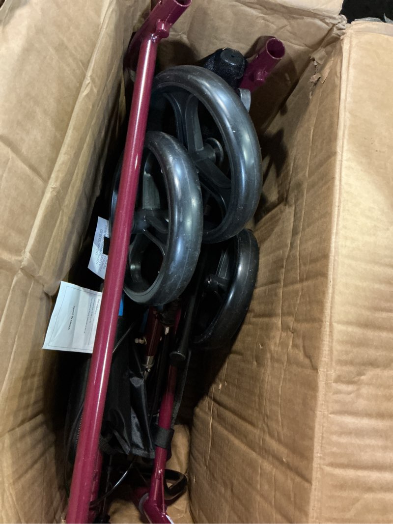 Condition photo showing As Is for medline large steel bariatric rollator walker with adjustable handles, padded seat & backrest, burgundy, 500 lb. weight capacity, foldable with storage, 8" wheels, rolling walker for seniors & adults