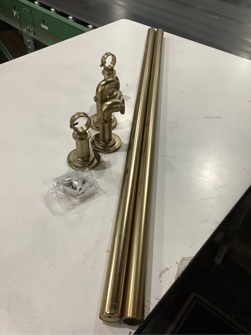 Condition photo showing New/Like New for mode industrial room darkening collection 1 1/8" diameter industrial curtain rod set with steel wall mounted adjustable curtain rod, blocks light, fits 72” to 144” windows, warm gold warm gold fits 72"-144" wide windows