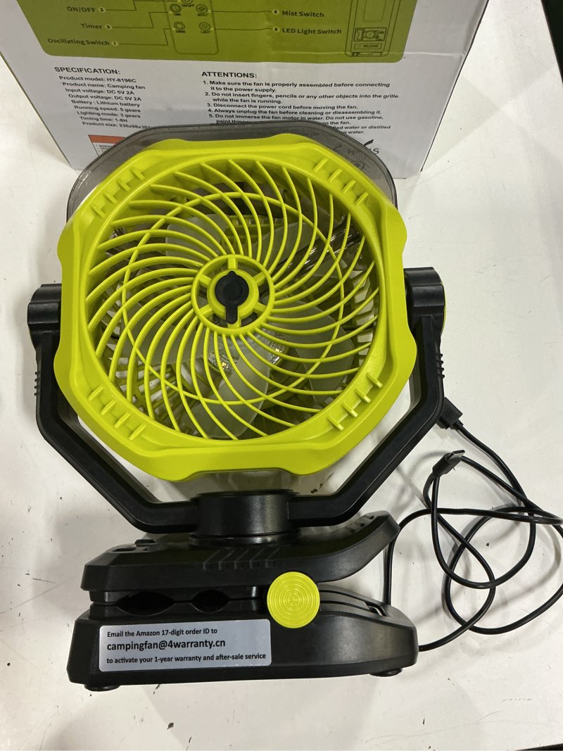 Condition photo showing As Is for portable rechargeable misting fan with 12oz mist, battery life display, remote, timer, light, 5 speeds, 9-inch, 20000mah 120h battery powered clip fan for stroller, travel, outdoor, poweroutage 20000mah-green