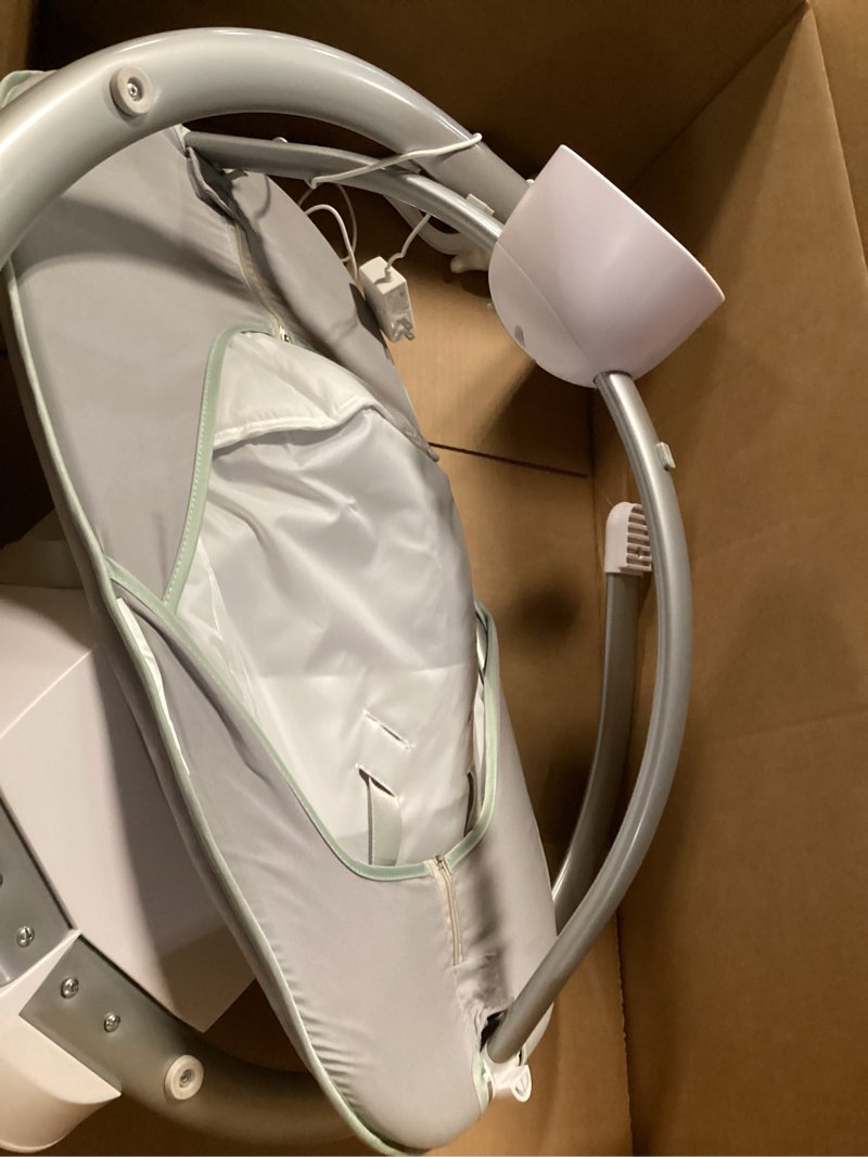 Condition photo showing As Is for momcozy cocosway baby swing, electric swing for infants with 180° rotating seat, 6 soothing sway motions & 4 speeds, remote & touchscreen, 8 preset lullabies, grey