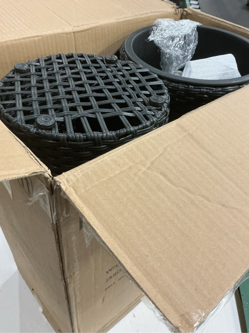 Condition photo showing Good Condition for idzo all weather wicker planters for outdoor plants set of 2, 24 inch tall black planter for front porch, patio, balcony, indoor usage - round rattan flower pots black round no assembly required