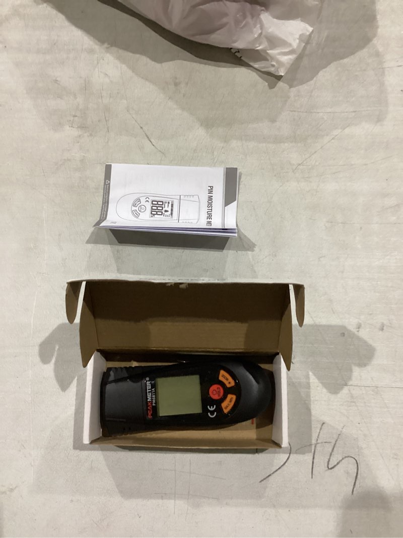 Condition photo showing New/Like New for Wood Moisture Meter, with battery and LCD display, suitable for quick determination of moisture content of many types of logs, paper, plywood, plaster walls, floor coverings, etc.