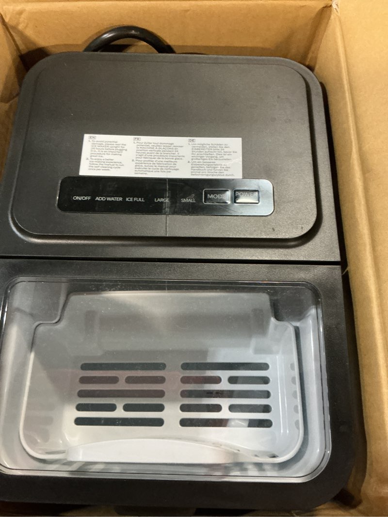 Condition photo showing New/Like New for silonn ice maker countertop, 8 ice cubes in 6 mins, 26.5 lbs/24h, 2 bullet ice sizes, self-cleaning bullet ice maker, portable ice machine for kitchen, party, office, and rv camping ebony 26.5 lbs