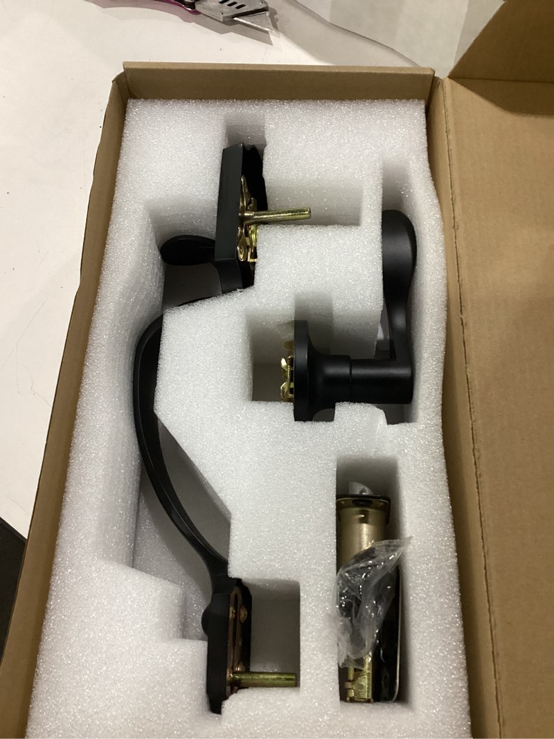 Condition photo showing As Is for similar to stock photo front door handle no lock, matte black entry door lock set with reversible handle, exterior door lock set compatible with keypad deadbolt/compatible with mechanical deadbolt matte black 1 front door handle no locki