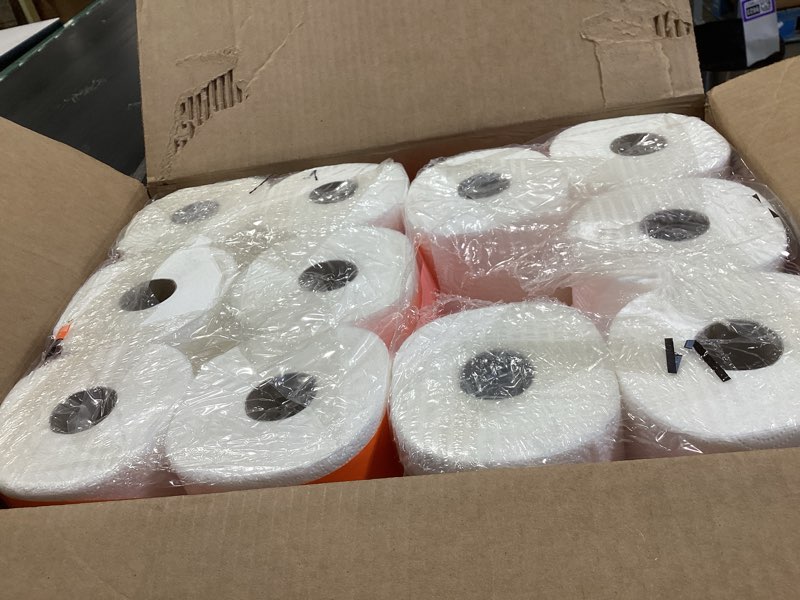 Condition photo showing As Is for amazon basics 2-ply flex-sheets paper towels, 12 basics rolls = 40 regular rolls, everyday value with 150 sheets per roll, packaging may vary