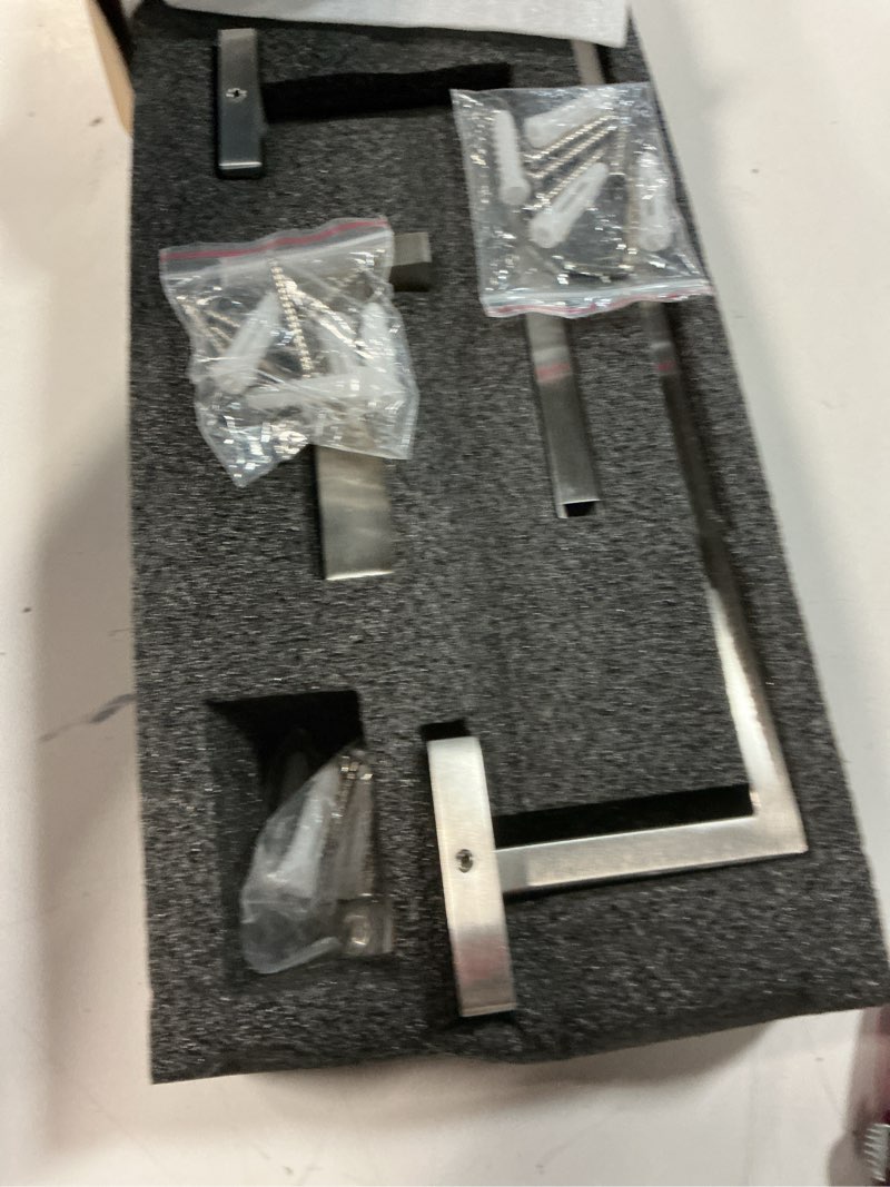 Condition photo showing Good Condition for tnoms brushed nickel towel bar set,5-piece bathroom hardware set includes upgraded double base paper towel holder modern square towel holder set,stainless steel wall mount 23.6 inch 5-pcs brushed nickel