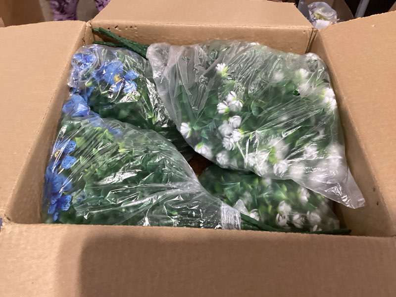 Condition photo showing Good Condition for artificial hanging plants flowers with basket 2 packs, artificial hanging flowers for outdoors, faux hanging plants outdoor, white+blue multi(12blue-12white)