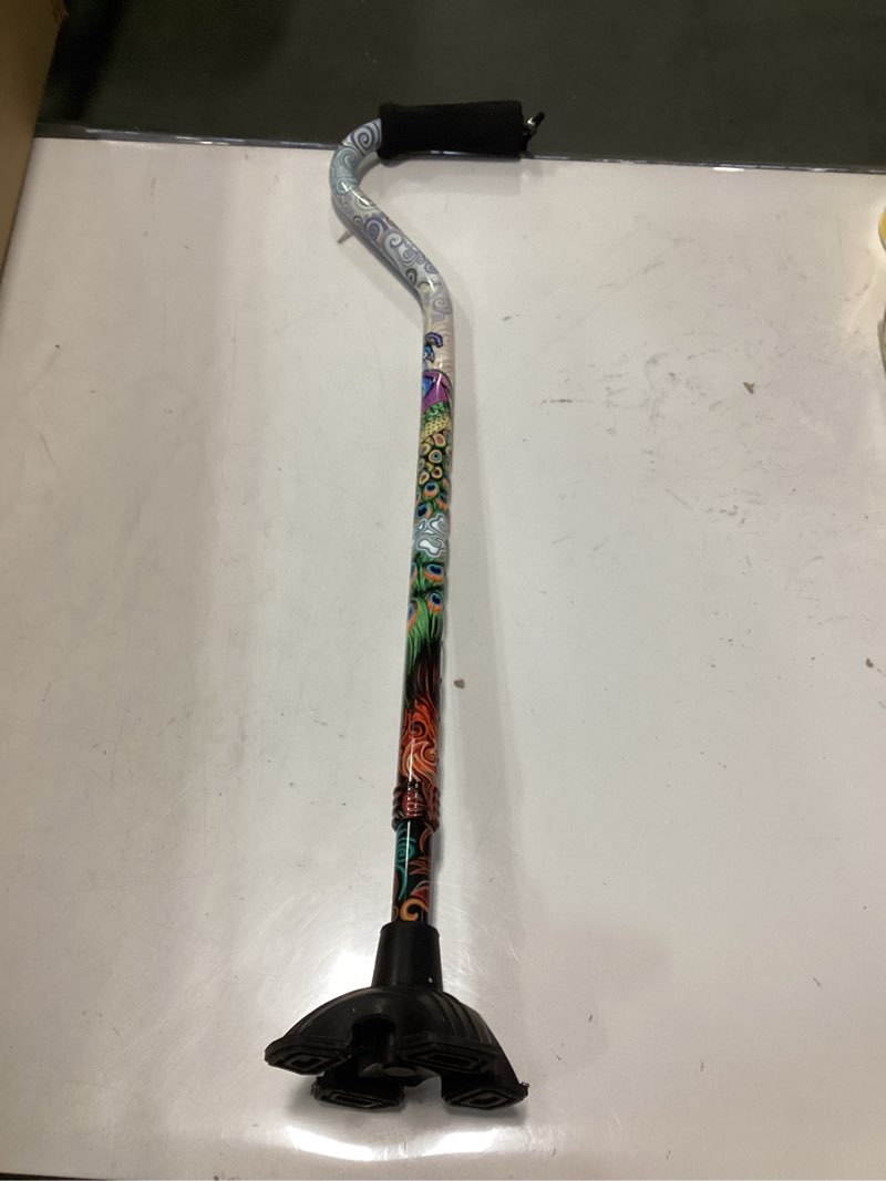Condition photo showing As Is for Nova Joy Designer Offset Quad Cane for Seniors - Unisex Adjustable Lightweight Walking Aid with Foam Handle, Wrist Strap and Anti-Rattle Lock - Essential Mobility Support - Proud Peacock