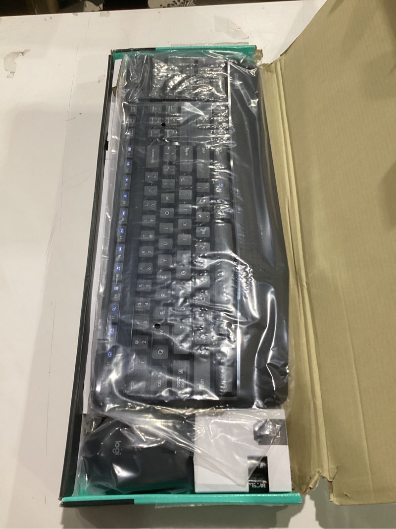 Condition photo showing New/Like New for not tested****logitech mk345 wireless keyboard and mouse combo with palm rest, 2.4 ghz usb receiver, compatible with pc, laptop, black combo 1 pack