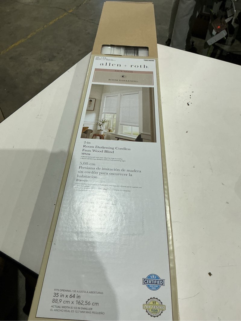 Condition photo showing As Is for allen + roth trim at home 2-in slat width 35-in x 64-in cordless white faux wood room darkening horizontal blinds