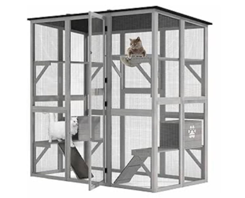 DWVO Cat House Outdoor Catio Kitty Enclosure 71\" Walk in Cat Kennel Large Kitten Cage with Platforms, 2 Cats Scratcher Ramp and Small Cats House, 1 Space Capsule Bed(incomplete)