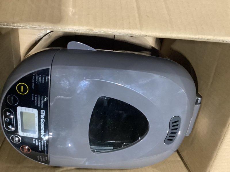 Condition photo showing As Is for Elite Gourmet Programmable Bread Maker with PFAS Free Ceramic CERALAST™ Bread Pan & Kneading Blade, 19 Menu Functions Gluten-Free, White, Wheat, Rye, French & more, 2lbs, Gray Grey