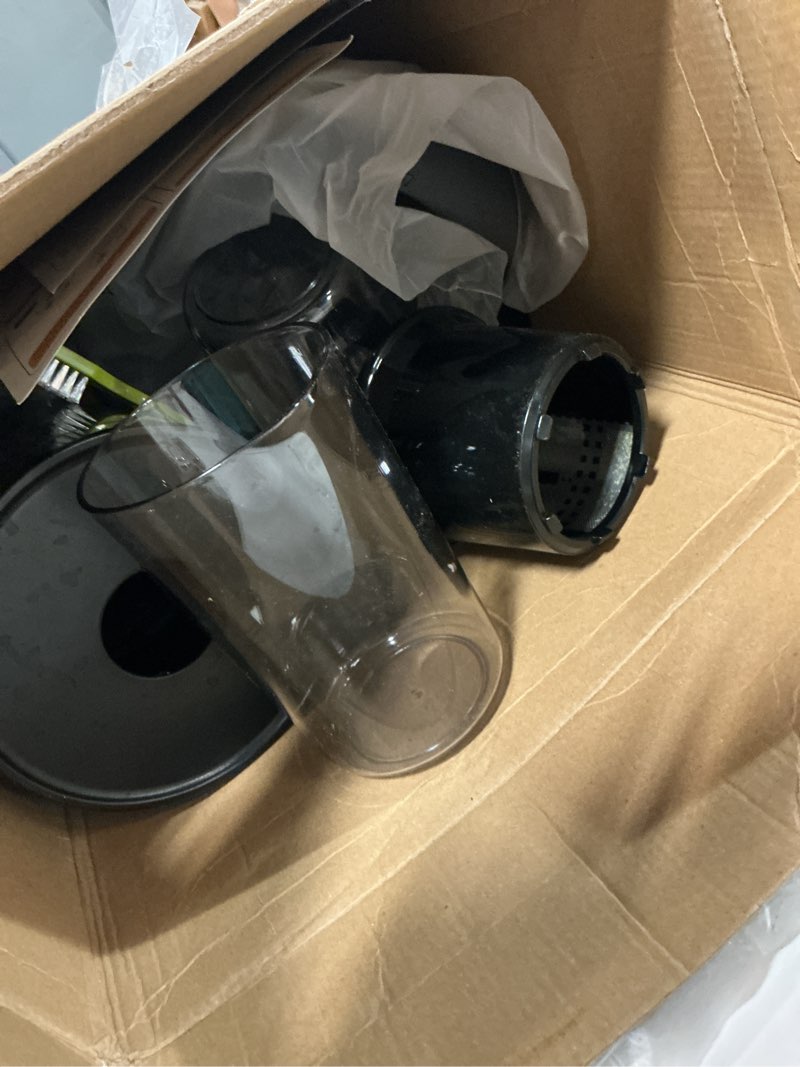 Condition photo showing As Is for eanoruus juicer machines, 3-in-1 cold press juicer with 6.5" extra large chute, 100oz large capacity, ac motor, makes juice, nut milk & sorbet, premium gray
