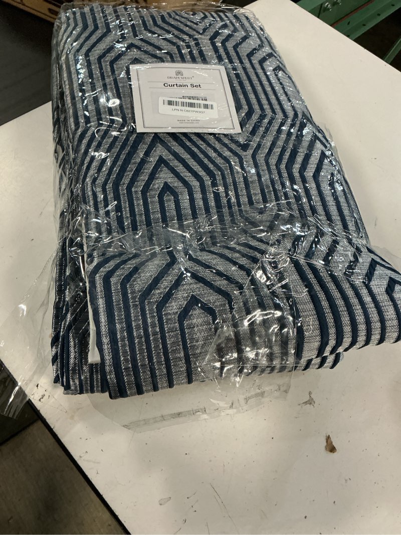 Condition photo showing New/Like New for indigo blue and silvery 100% blackout jacquard geometric pattern curtains,52 inch wide 120 inch length 2 panels, thermal insulated noise reducing anti-rust grommet drapes for bedroom living room indigo blue and silvery 52"w x 120"l (pack of 2)