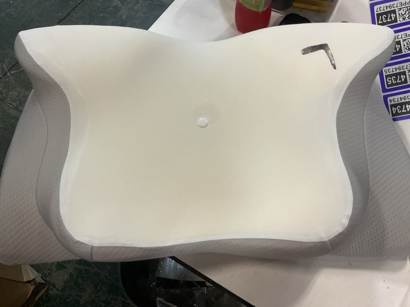 Condition photo showing As Is for cervical neck pillow, memory foam pillows for neck and shoulder pain relief, 2 heights ergonomic pillow with breathable ice silk cover, neck support pillow for side sleepers white