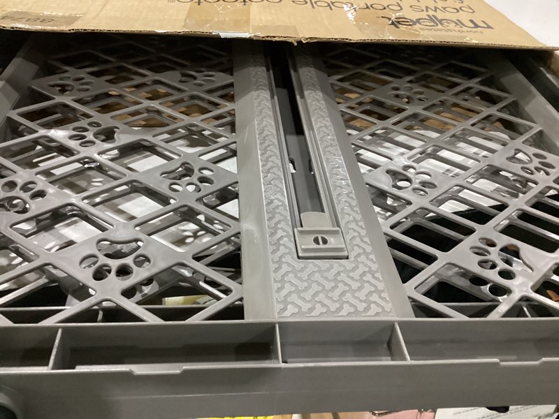 Condition photo showing As Is for mypet north states paws portable pet gate: 26-40" wide. pressure mount. no tools needed. made in usa, 23" tall, expandable, durable dog gates for doorways, fieldstone gray