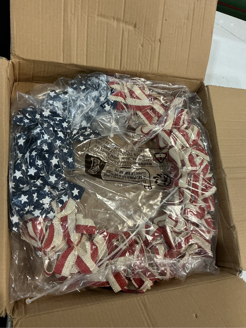 Condition photo showing New/Like New for 18” patriotic burlap wreath, 4th of july summer burlap stripe and stars printed wreath for the front door, handcrafted memorial day american flag printed home decoration for indoor and outdoor 20'' flag wreath