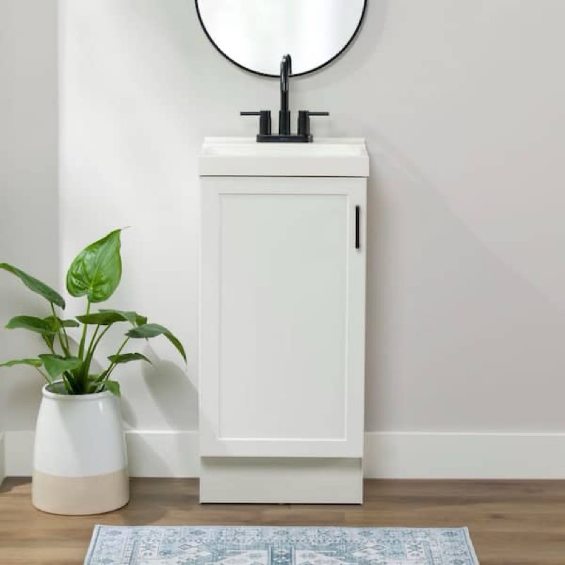 single sink white freestanding bath vanity with white cultured marble top