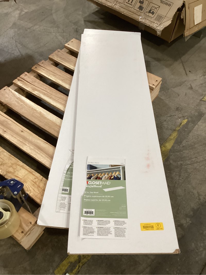 Condition photo showing As Is for closetmaid brightwood 48-in x 14-in d white solid shelving wood closet shelf (1 shelf)