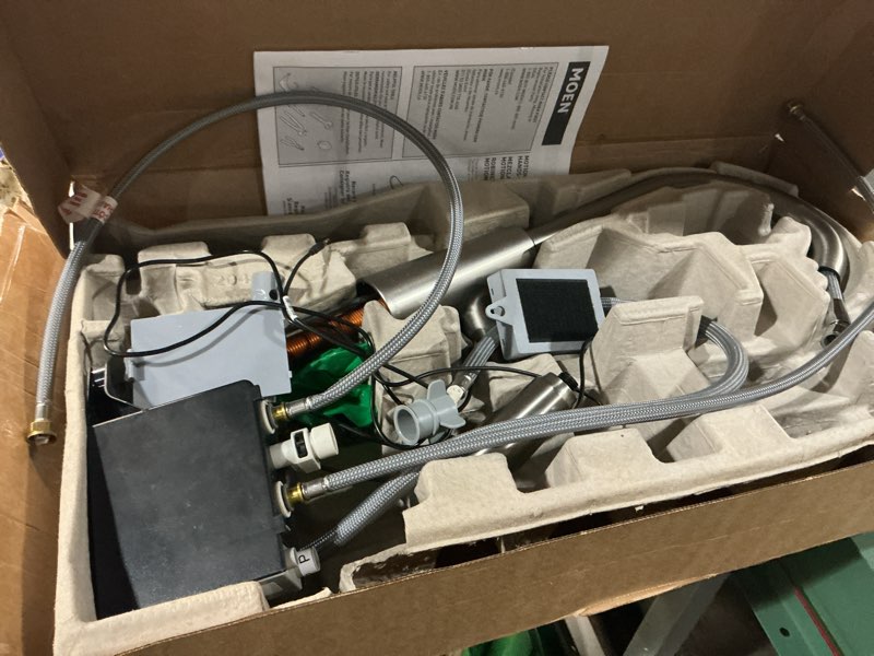 Condition photo showing As Is for moen riley spot resist stainless hands-free touchless sensor single handle pull down kitchen faucet, 7402ewsrs wave sensor spot resist stainless