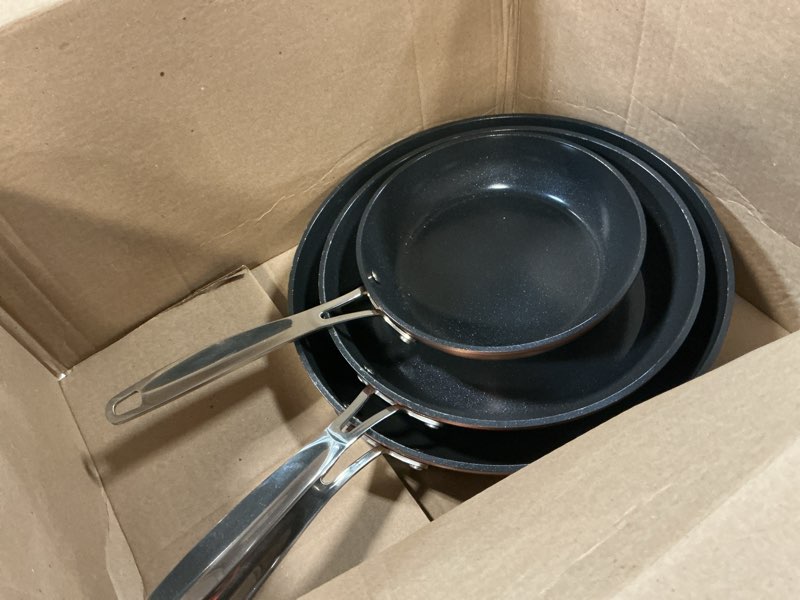 Condition photo showing As Is for nuwave 3-piece 8”, 10”, 12” forged lightweight frying pan set, g10 healthy duralon blue ceramic ultra non-stick, ergonomic stay-cool handles, induction-ready & works on all cooktops 3pc fry pan set rustic copper