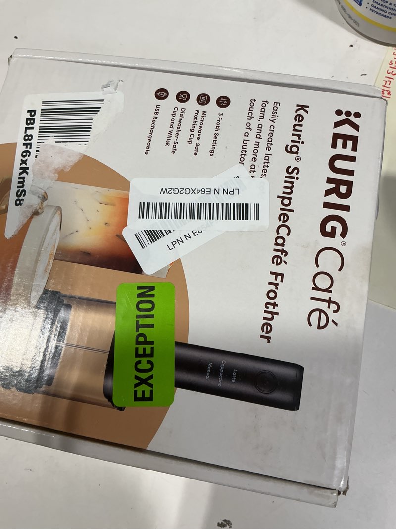 Condition photo showing New/Like New for keurig simplecafe frother, rechargeable handheld milk frother for lattes, cappuccinos & iced coffee, usb cord included, microwave-safe frothing cup, hot & cold foam maker