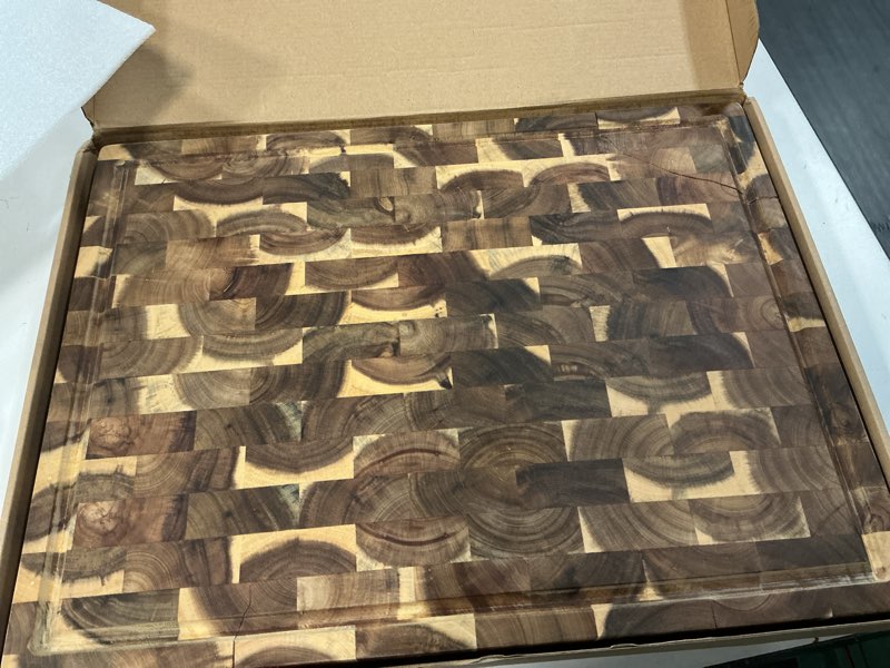 Condition photo showing As Is for koppen acacia end grain cutting board, knife-friendly butcher block with juice groove, inner handles & food well, reversible heavy-duty serving & chopping board, gift box included, 20 x 15 x 1,5 in natural 20"l x 15"w
