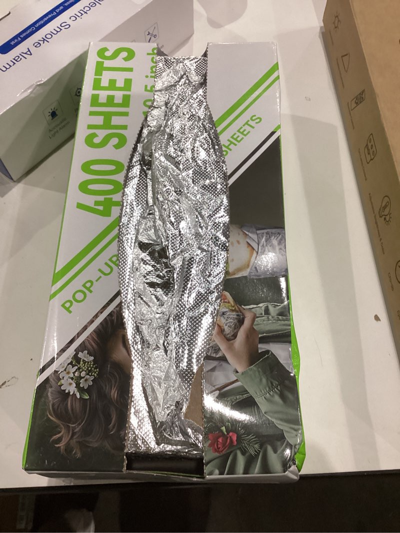 Condition photo showing As Is for Aluminum Foil Sheets, 400 Count Tin foil,12" x 10.6" Pre-Cut Pop-Up Dispenser for Food Wrap, Hot Dog or Sandwich Wrap,Food Storage, Baking, Catering, Restaurant,Kitchen Use