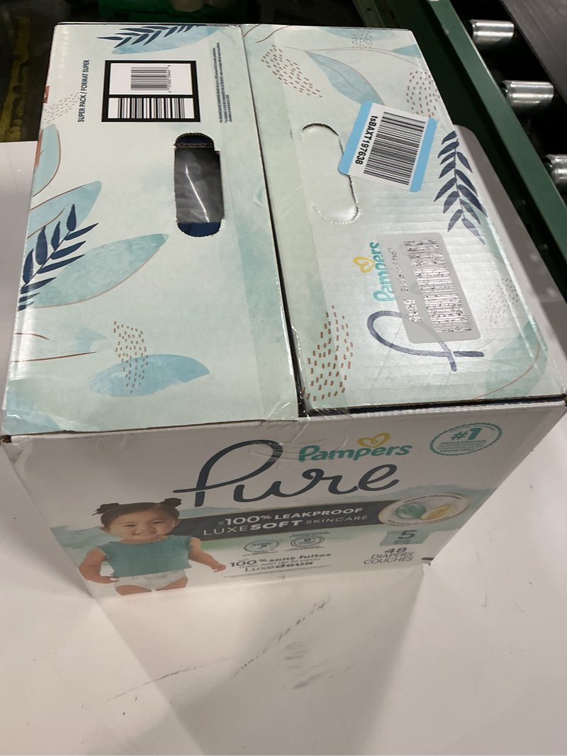Condition photo showing New/Like New for pampers pure protection baby diapers, size 5 (27+ lbs), 48 count, up to 100% leakproof, premium plant-based skin protection, hypoallergenic soft diapers size 5 48
