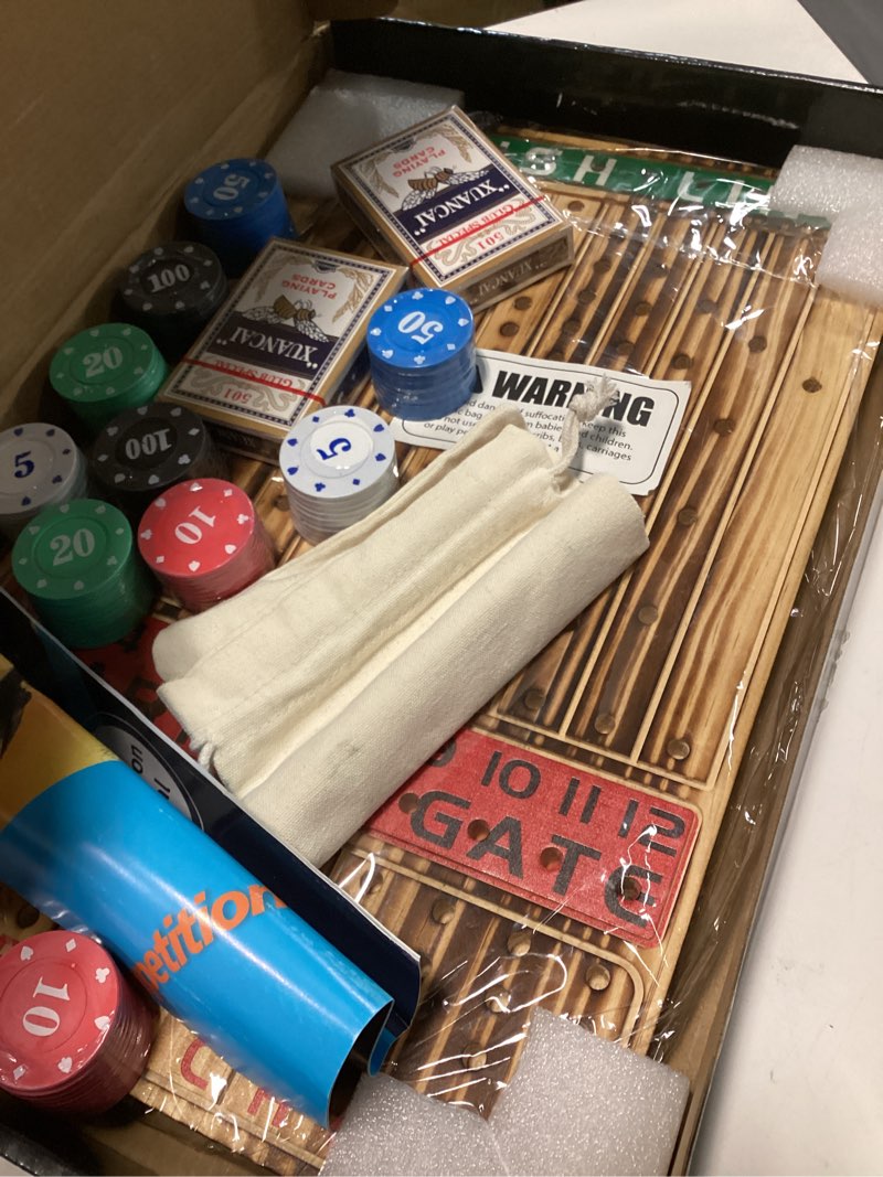 Condition photo showing Good Condition for horow horse racing board game solid wood horse race card and dice board game luxury edition set with 11 metal horses,100 poker chips,2 dices and 2 boxes of cards light flame2
