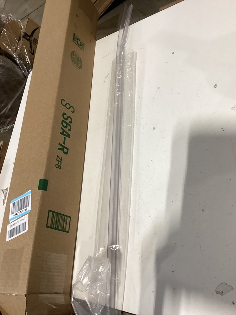 Condition photo showing As Is for prime-line m 6256 frameless shower door bottom seal for 1/4 in. thick glass doors, dual flap and 45 degree drip guard, 36 in., clear vinyl (single pack) clear 1/4 in. dual flap