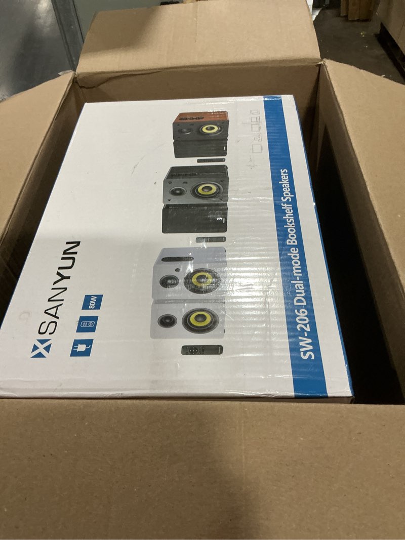 Condition photo showing Good Condition for Sanyun SW206 4” HiFi Bookshelf Speakers with Studio Mode, 80W Active, Bluetooth 5.4/Optical/Coaxial/TRS/Aux/24bit DAC USB, for Turntable TV PC Desktop, MDF Cabinet, Remote Control, Black SW206 Black 4”