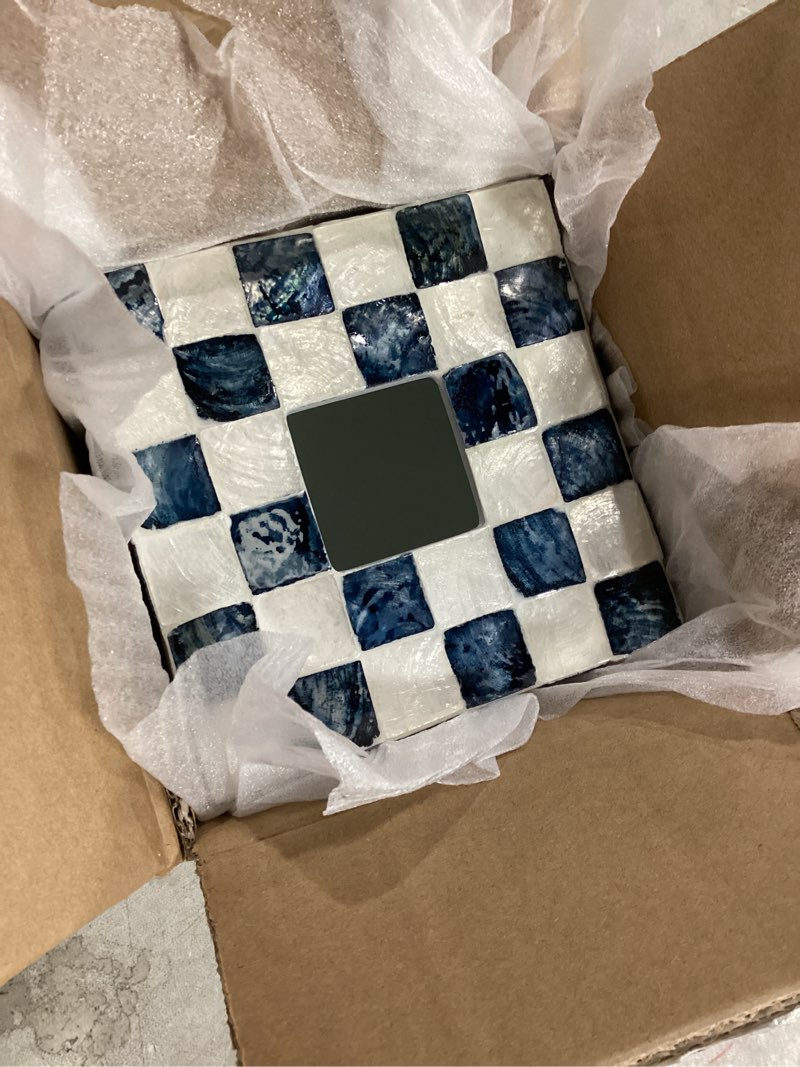 Condition photo showing Good Condition for chi an home 5.7" square tissue box cover, handmade checkered cube tissue box cover with capiz shells, decorative mother of pearl tissue holder for living room, bathroom, bedroom or office (navy blue) navy blue square