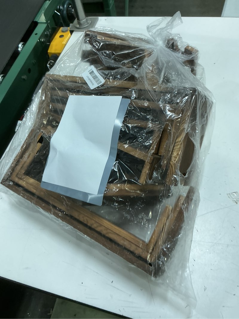Condition photo showing As Is for 4 set wooden tiered riser display stands for vendor events,stackable wooden cupcake display stand,dessert table display set risers for decor,vendor booth display items,food display risers for party?12-11.2-10.4-9.6in? 4pack-dark brown