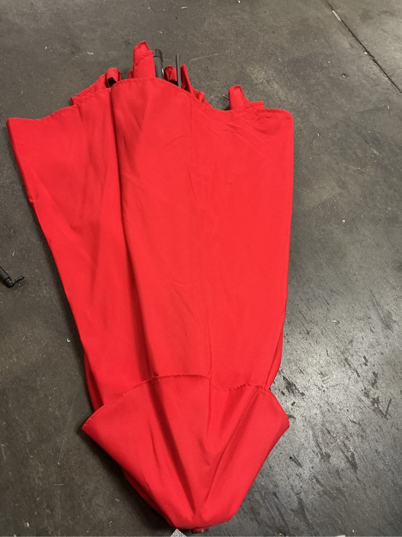 Condition photo showing As Is for 7.5 ft. steel market push-up outdoor patio umbrella in ruby red