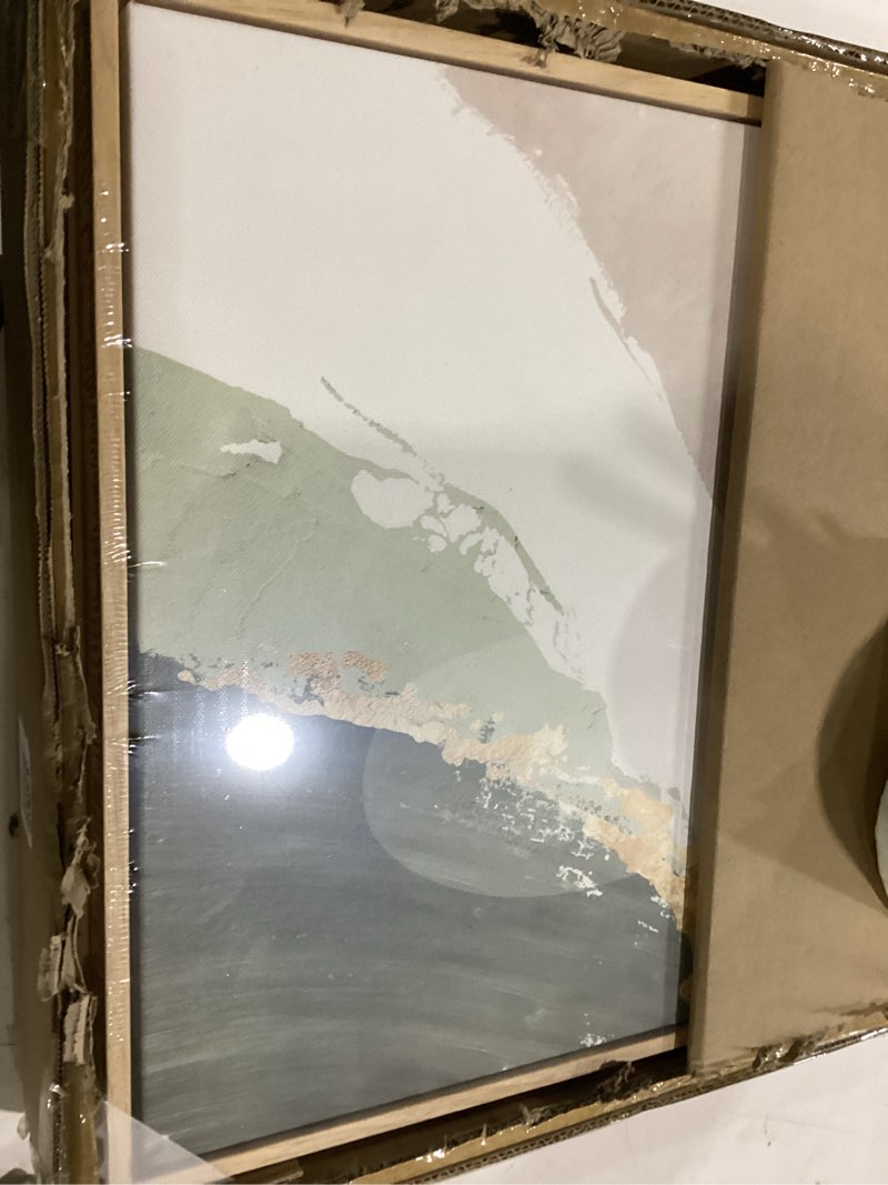 Condition photo showing New/Like New for large framed boho sage green abstract wall art for living room, 3 piece leaf botanical canvas artworks decor, minimalist geometric beige gold painting prints for dining room bedroom office 16x24 inch 24" h x 16" w x 3pcs green gold