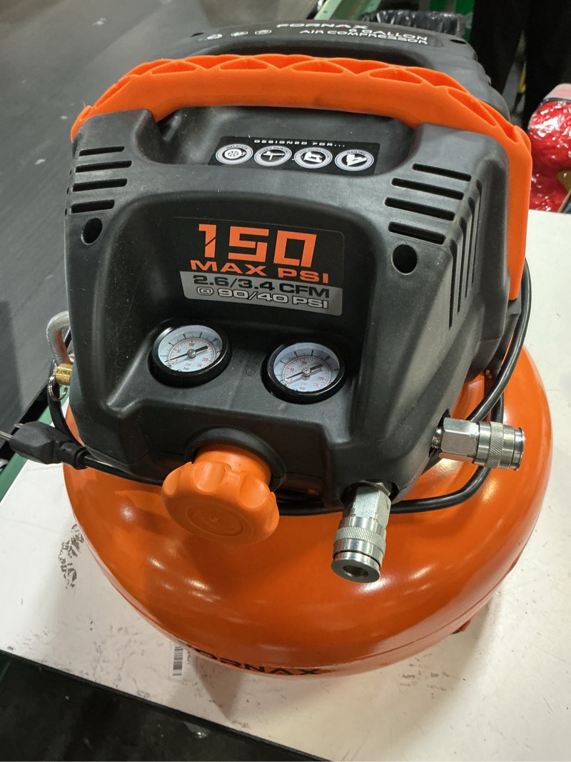 Condition photo showing As Is for fornax pancake air compressor with two couplers, 6 gallon portable electric air compressor, 150 psi, oil -free with 14 pcs air compressor accessories kit (kits)