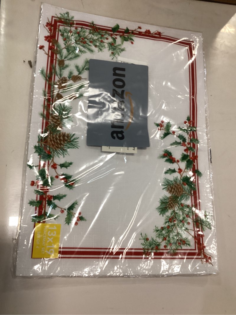 Condition photo showing New/Like New for Artoid Mode Holly Pine Cone Christmas Placemats Set of 4, 12x18 Inch Seasonal Winter Table Mats for Party Kitchen Dining Decoration 12" x 18", Rectangular 4 Pcs Red/Green