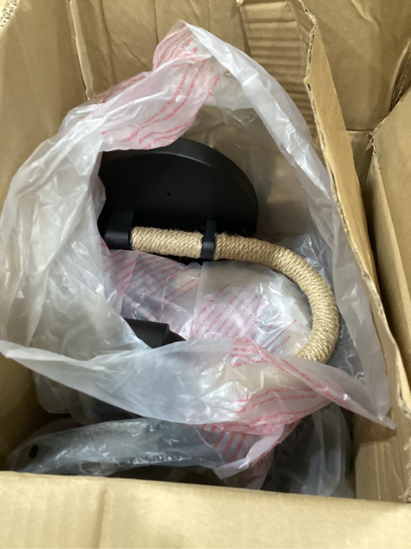 Condition photo showing As Is for 10 inch vintage wall sconce black set of 2, industrial wall light fixture with hemp rope, indoor outdoor wall lamp forbedroom, living room, hallway, covered porch, hardwired 2-pack