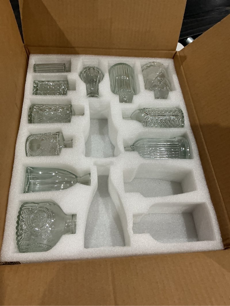 Condition photo showing As Is for (incomplete, missing pieces)aheroi 32 pcs bud vase set, clear vases for centerpieces, cute glass bud vases small vases for flowers, mini vase flower vase set for wedding decorations, room office table decor clear-32pcs 32 pcs