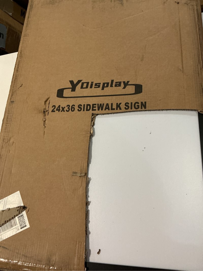 Condition photo showing As Is for ydisplay a frame sidewalk sign 24x36 inches sandwich board signs outdoor heavy duty double-sided,including 2 anti-glare covers & corrugated boards for business indoor outdoor,black 1pack