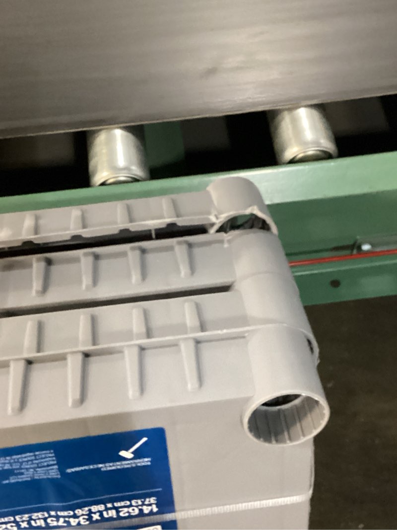 Condition photo showing As Is for project source plastic 4-tier utility shelving unit (34.75-in w x 15.06-in d x 52.625-in h), gray, (50-lb capacity per shelf)