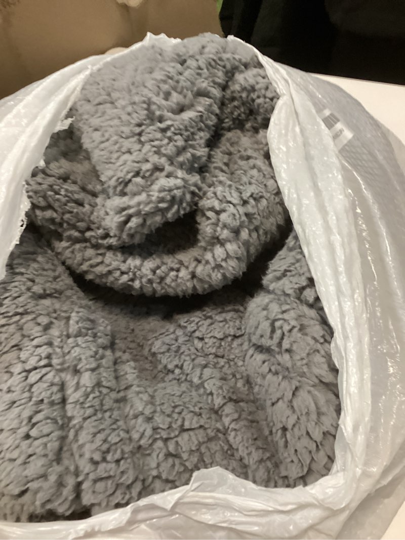 Condition photo showing As Is for SEALY Electric Blanket Heated Throw 50"x60" Soft Double Sherpa Super Cozy with 6 Fast Heating Levels & 2-10 Hours Auto-Off, Over-Heat Protection, Machine Washable, Dark Grey Dark Grey Throw Size 50" x 60"