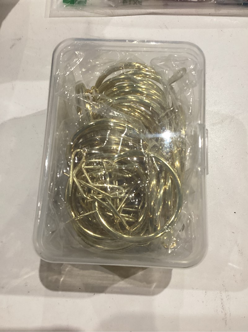 Condition photo showing Good Condition for hotop 30 pcs metal drapery curtain rings 0.98/1.26/1.65 inch interior diameter and 30 pcs hanging curtain drapery pin hooks for window door shower(gold,42 mm) gold 42 mm