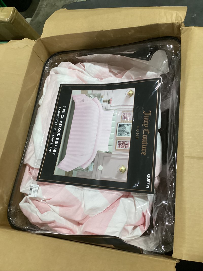 Condition photo showing As Is for juicy couture jenny velour striped jacquard queen/full size comforter bedding set ensemble - pink 3 piece set comforter sets - light pink full/queen